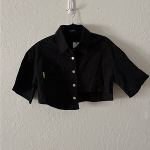 Cider Asymmetrical Hem Blouse XL Black‎ Silver Buttons Wide Sleeve Boxy Pocket